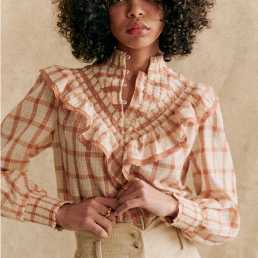 Sezane Marty rust & cream plaid blouse sz. 34 Victorian style gauzy boho